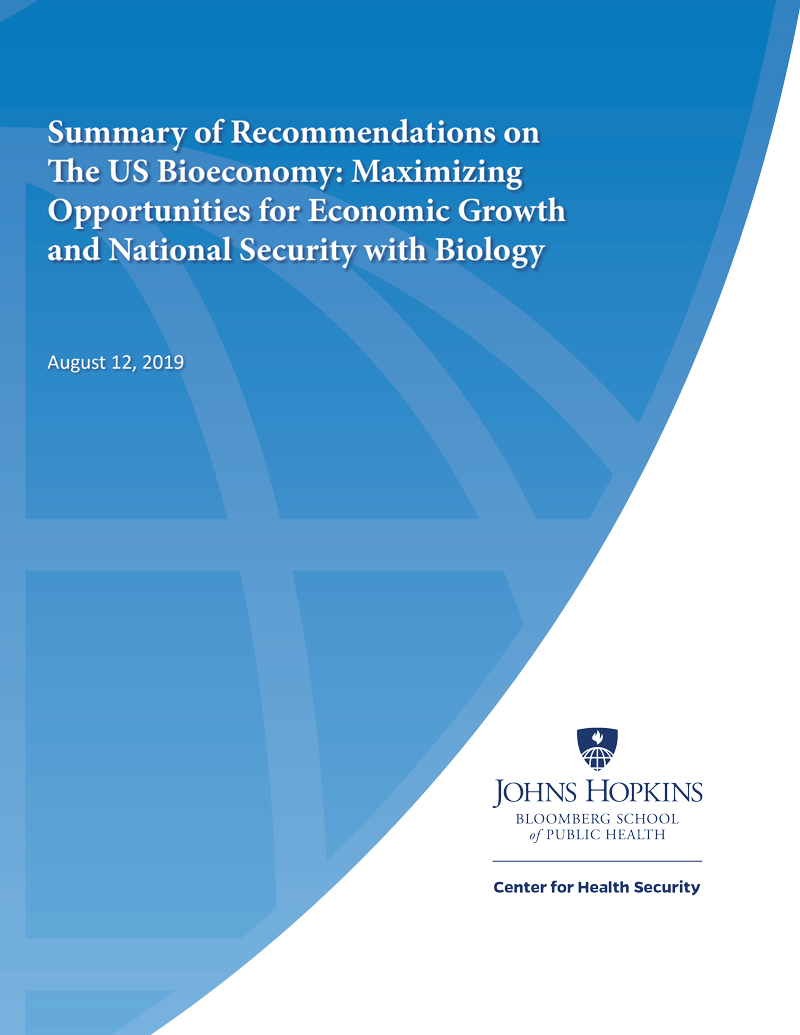 Report cover, Center for Health Security cosponsors meeting on maximizing opportunities for economic growth of the US bioeconomy