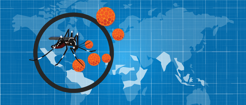 Image of Zika virus, a mosquito overtop a map Image of Zika virus, a mosquito overtop a map