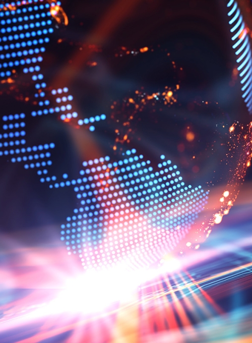 Virtual model of digital earth communications/ The holographic virtual model the planet Earth, on a abstract technological background made of different element printed circuit board. By spainter_vfx