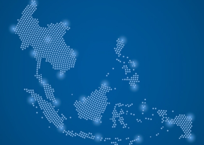 Abstract image Southeast Asia map from point blue and glowing stars on a dark background. vector illustration Vector eps 10. By Arif Hama Center Projects - Southeast Asia Strategic Biosecurity Dialogue